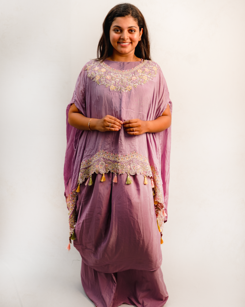 Dusty Mauve Indo-Western Embroidered Kaftan Set with Tassel Detailing
