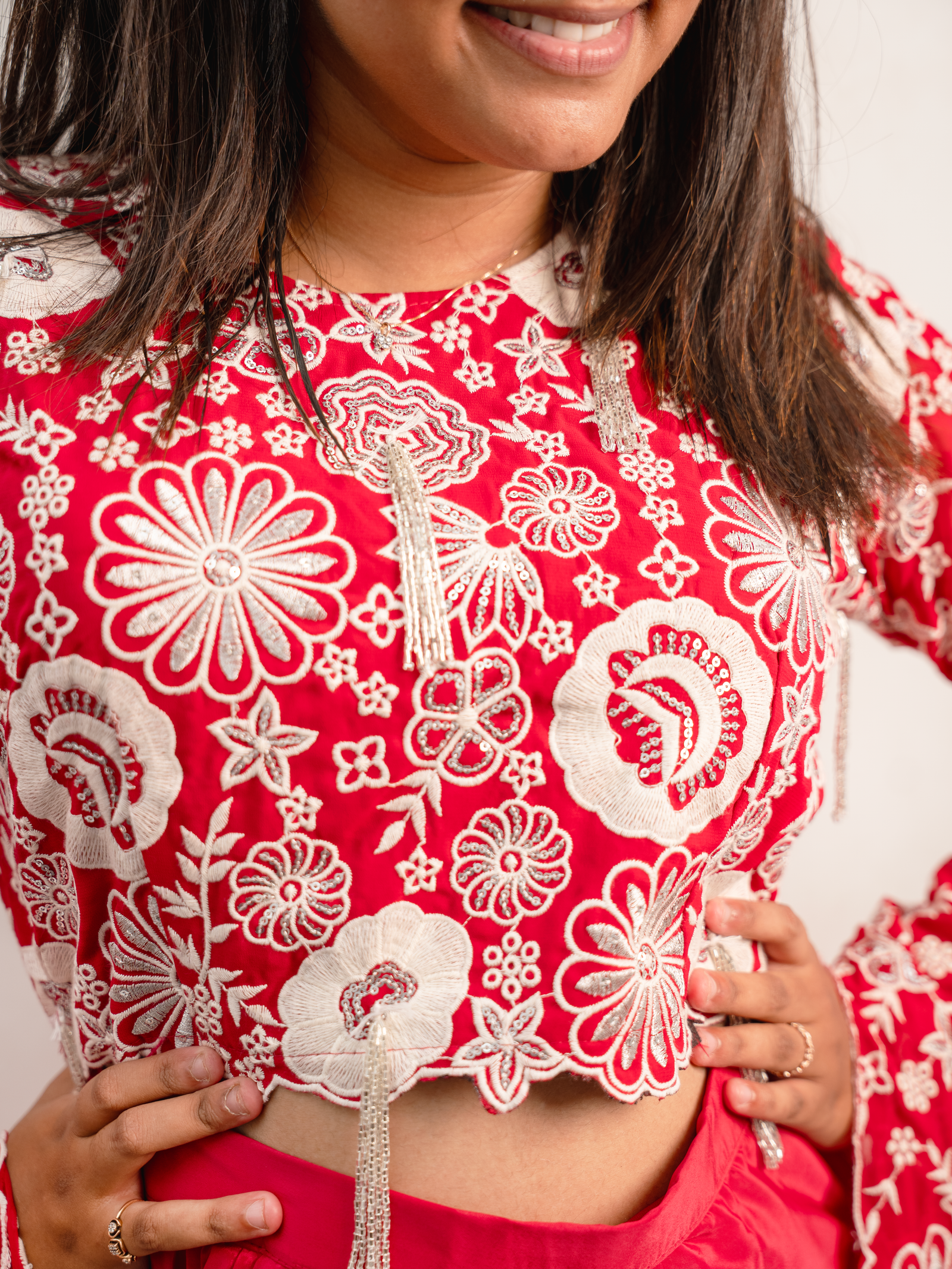 Red Indo-Western Embroidered Crop Top Set with Layered Draped Skirt - Image 3