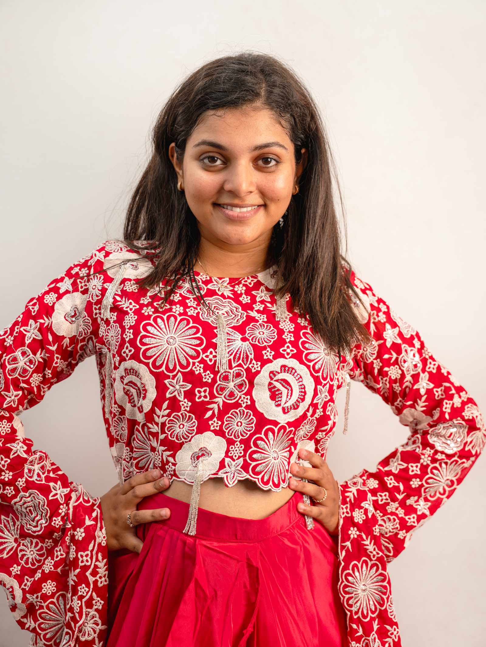 Red Indo-Western Embroidered Crop Top Set with Layered Draped Skirt - Image 2