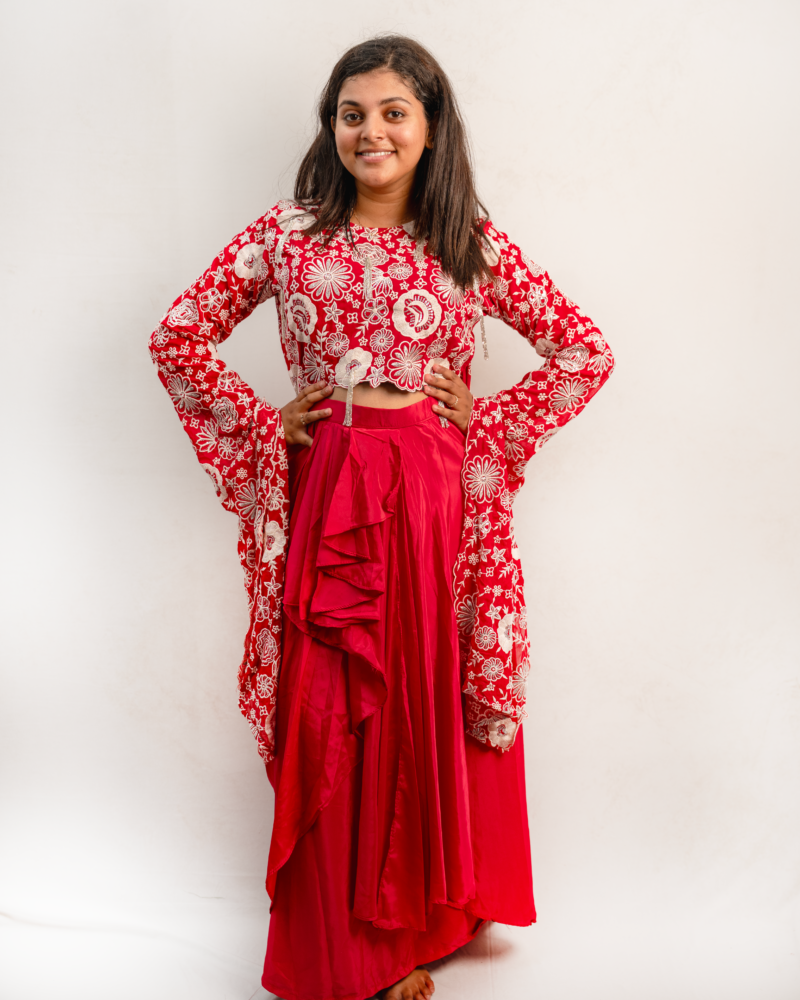 Red Indo-Western Embroidered Crop Top Set with Layered Draped Skirt