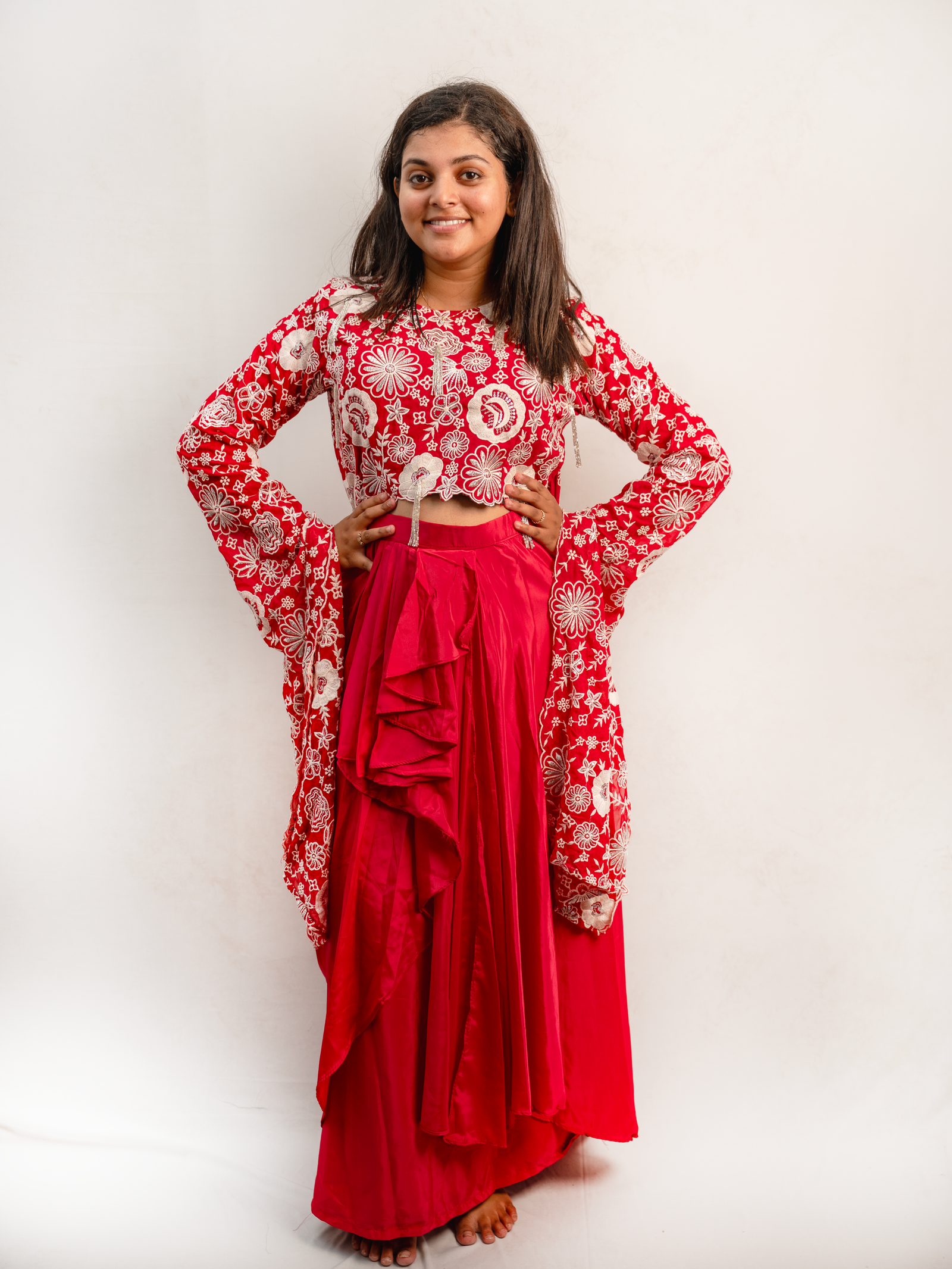 Red Indo-Western Embroidered Crop Top Set with Layered Draped Skirt
