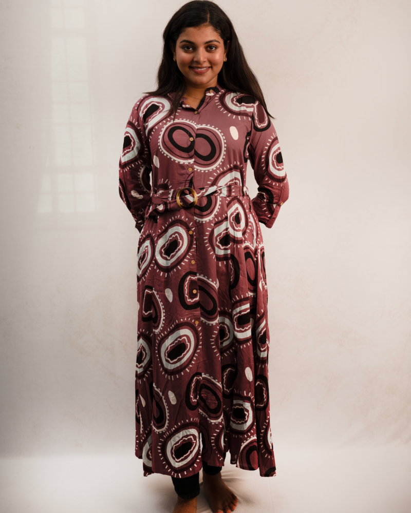 Maroon Abstract Print Button-Down Maxi Dress with Belt