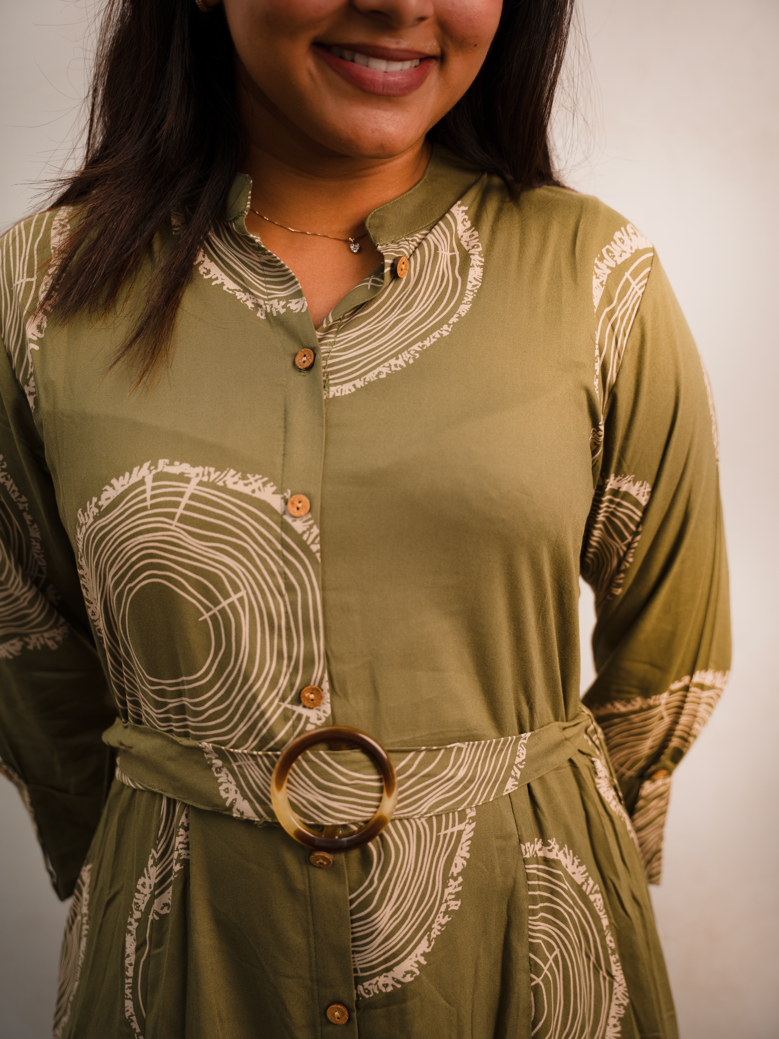 Olive Abstract Circle Print Button-Down Maxi Dress with Belt - Image 3