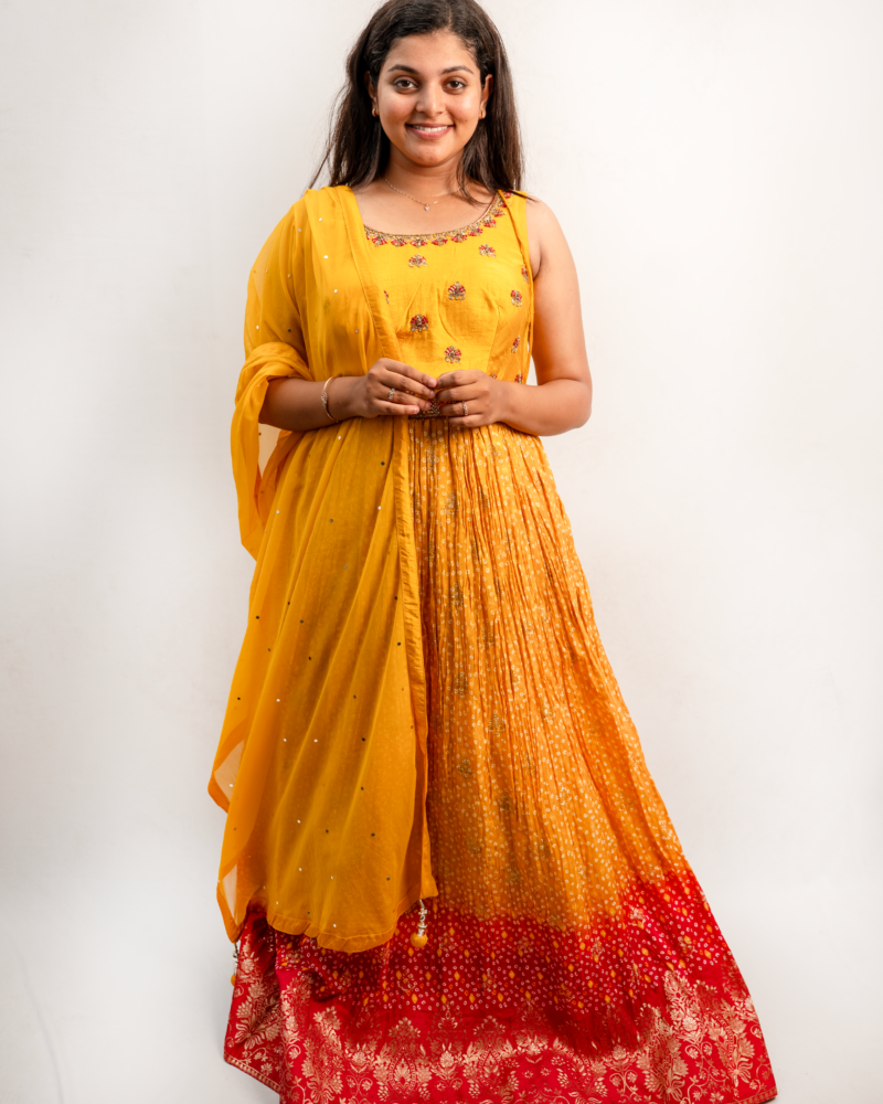 Yellow to Red Ombre Indo-Western Lehenga Set with Embroidered Dupatta