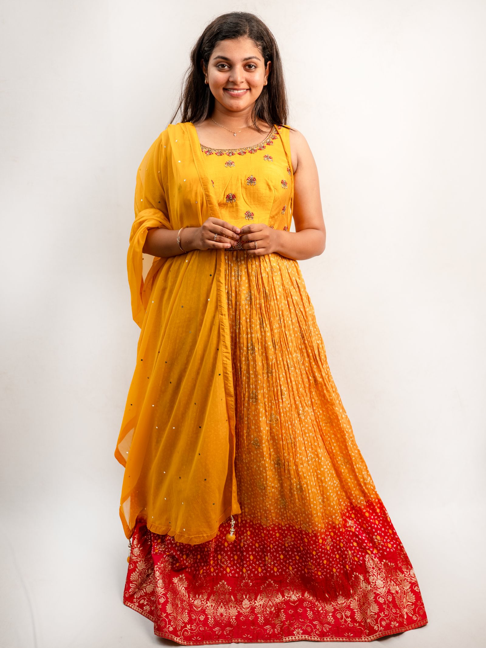 Yellow to Red Ombre Indo-Western Lehenga Set with Embroidered Dupatta