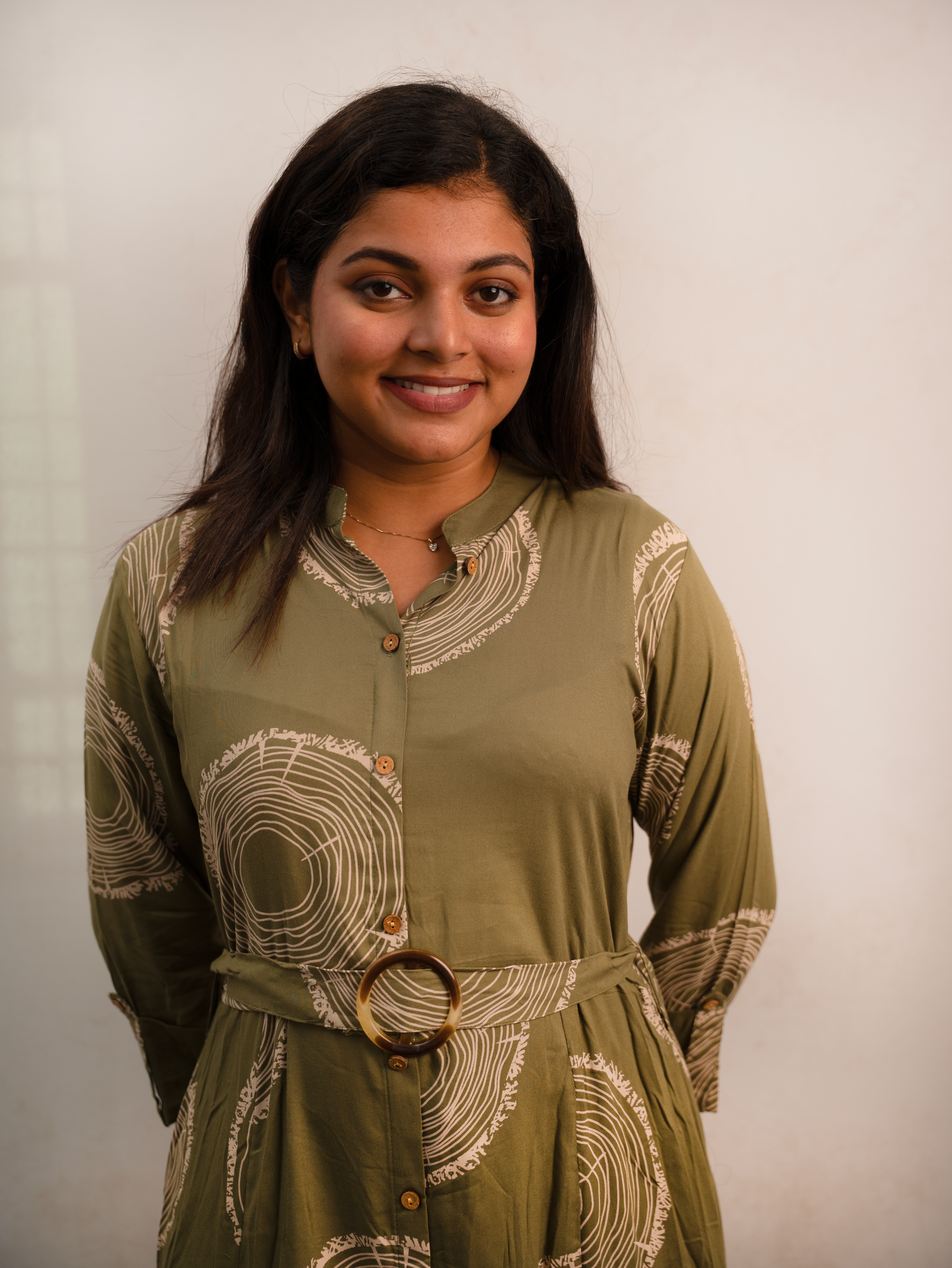 Olive Abstract Circle Print Button-Down Maxi Dress with Belt - Image 2