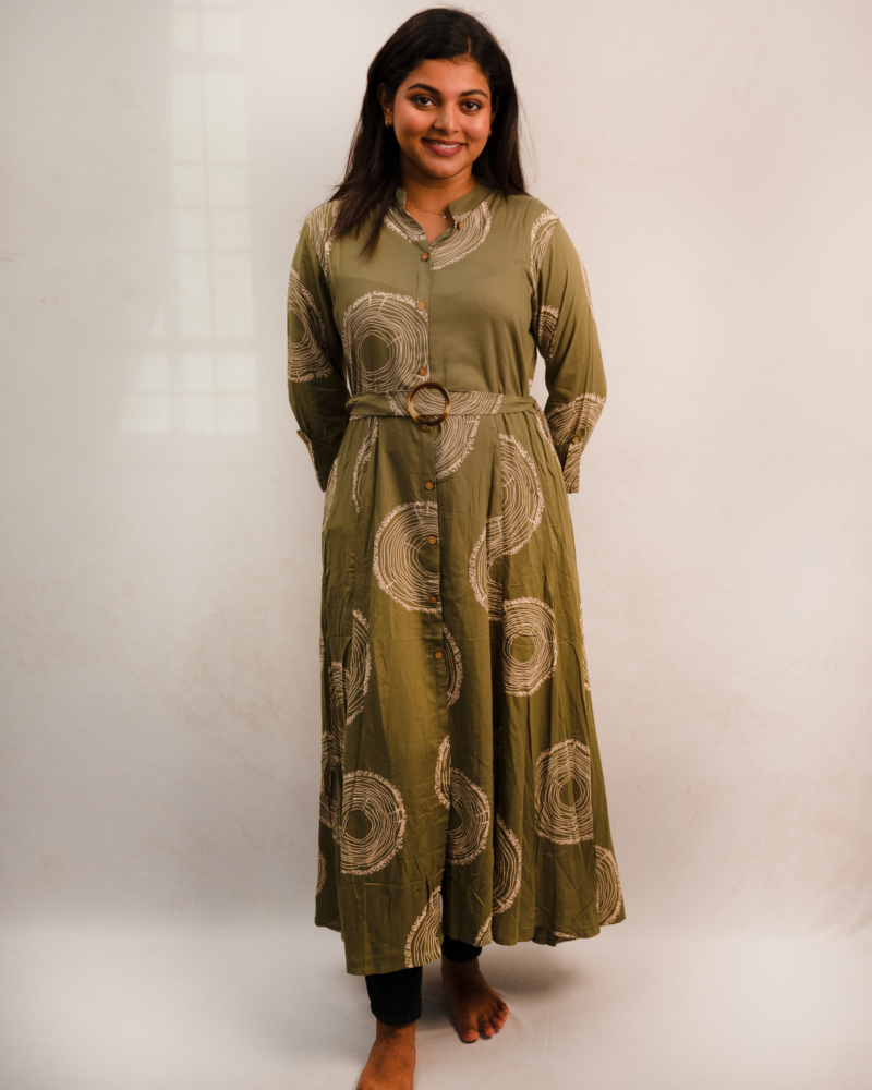 Olive Abstract Circle Print Button-Down Maxi Dress with Belt