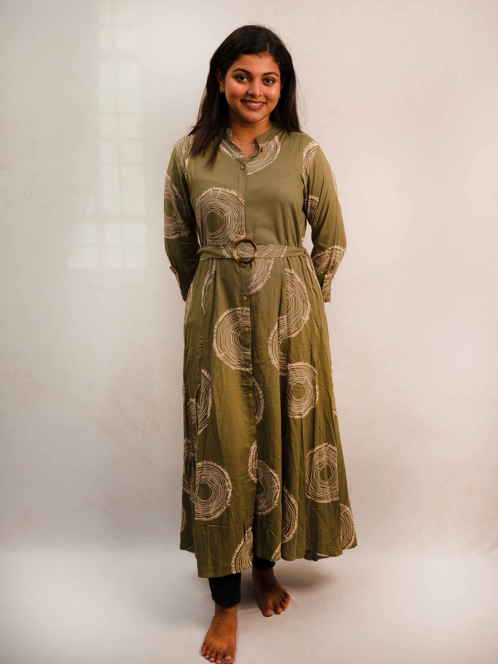 Olive Abstract Circle Print Button-Down Maxi Dress with Belt