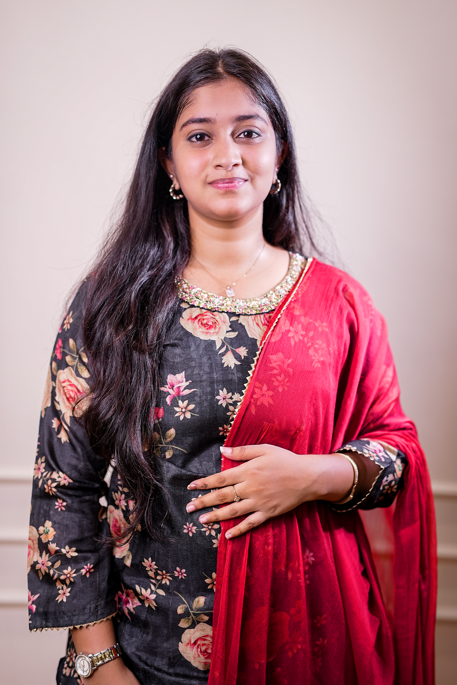 Black Floral Printed Kurta Set with Red Dupatta - Image 3