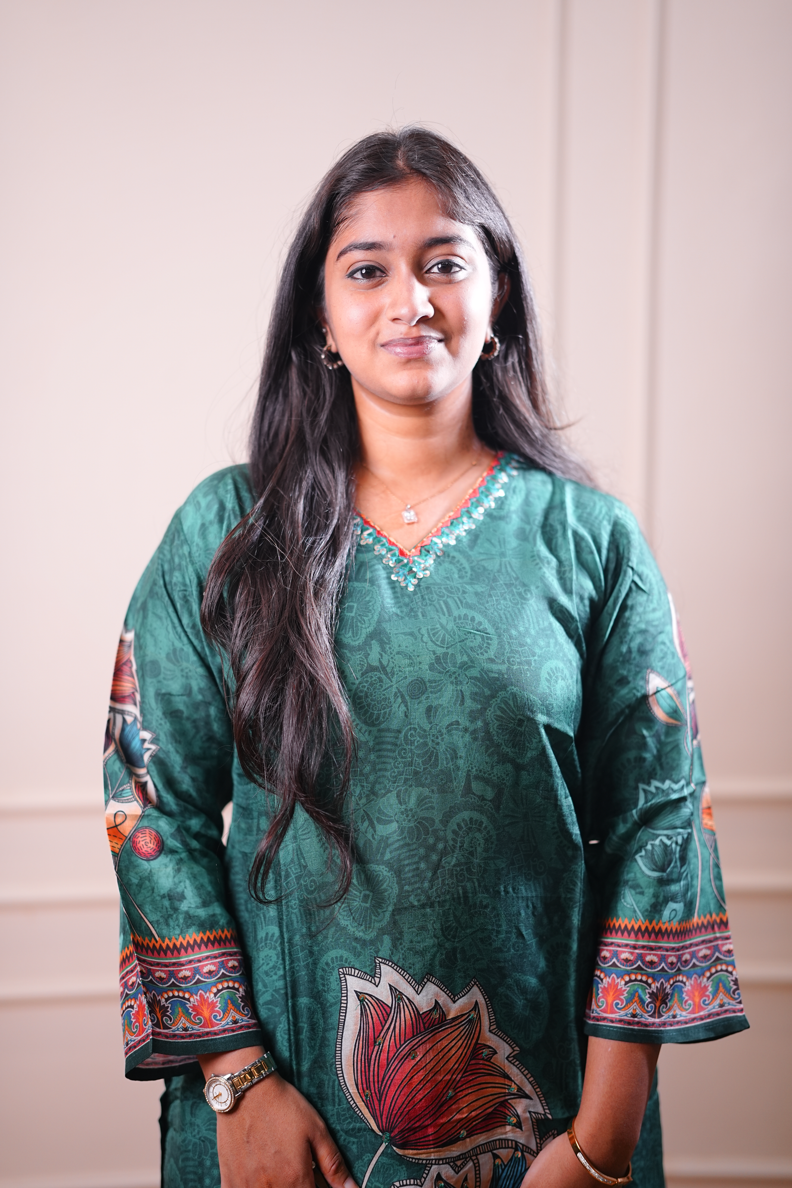 Printed Straight Kurta – Deep Green Floral Panel Design - Image 2