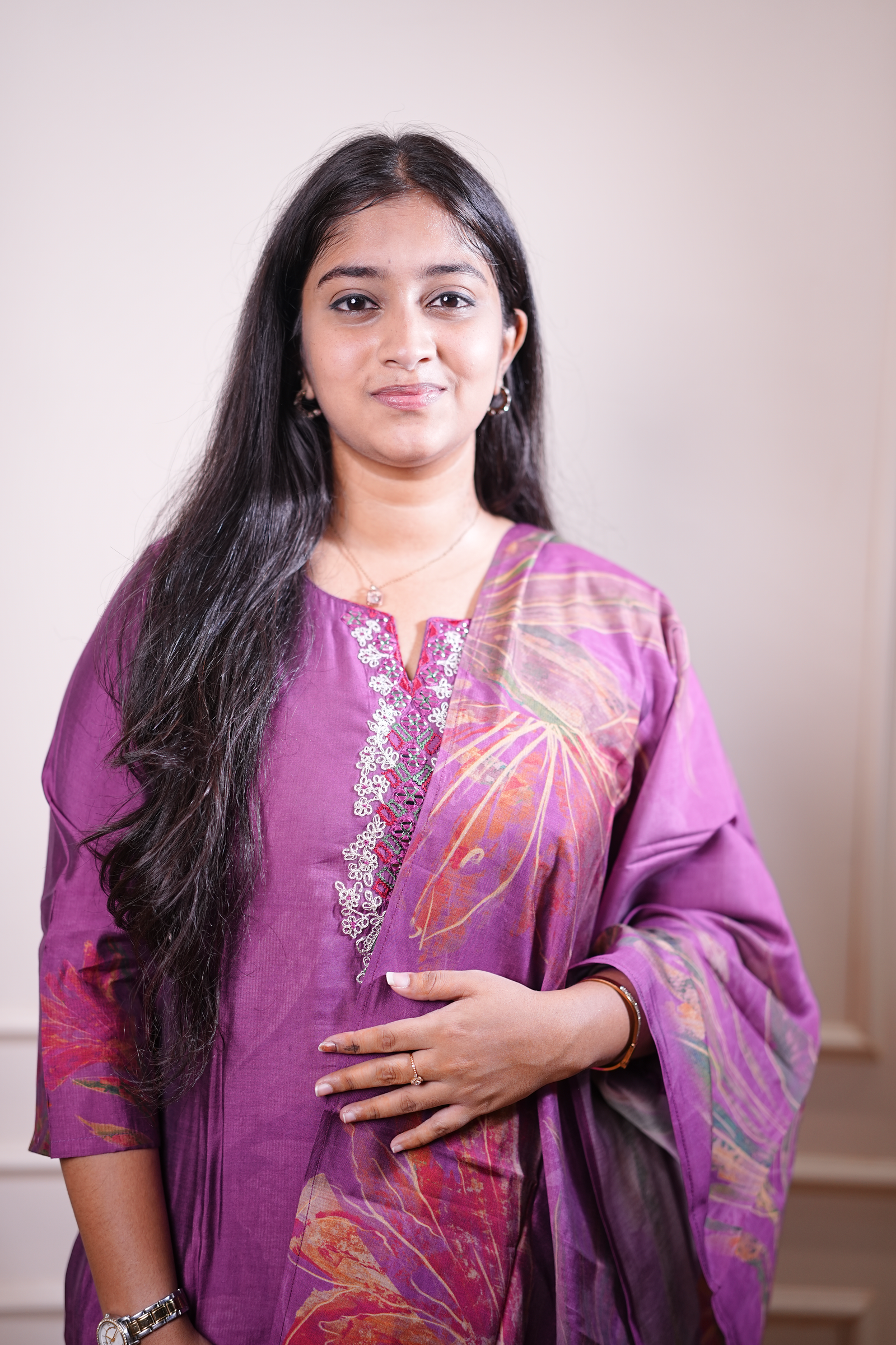 Plum Floral Printed Kurta Set with Dupatta - Image 2