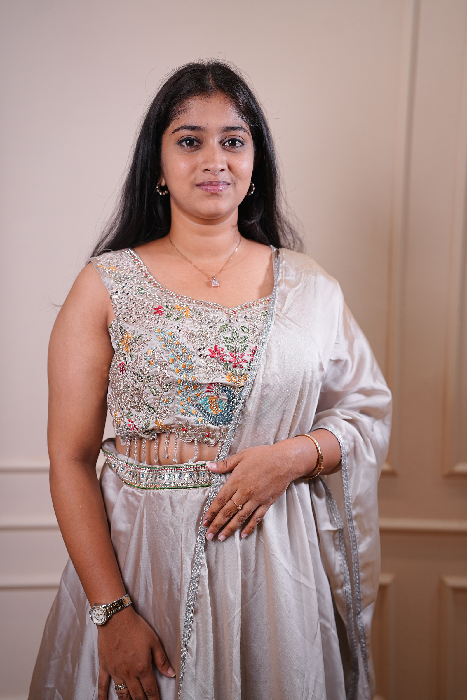 Silver Grey Embroidered Lehenga Set with Dupatta - Image 3