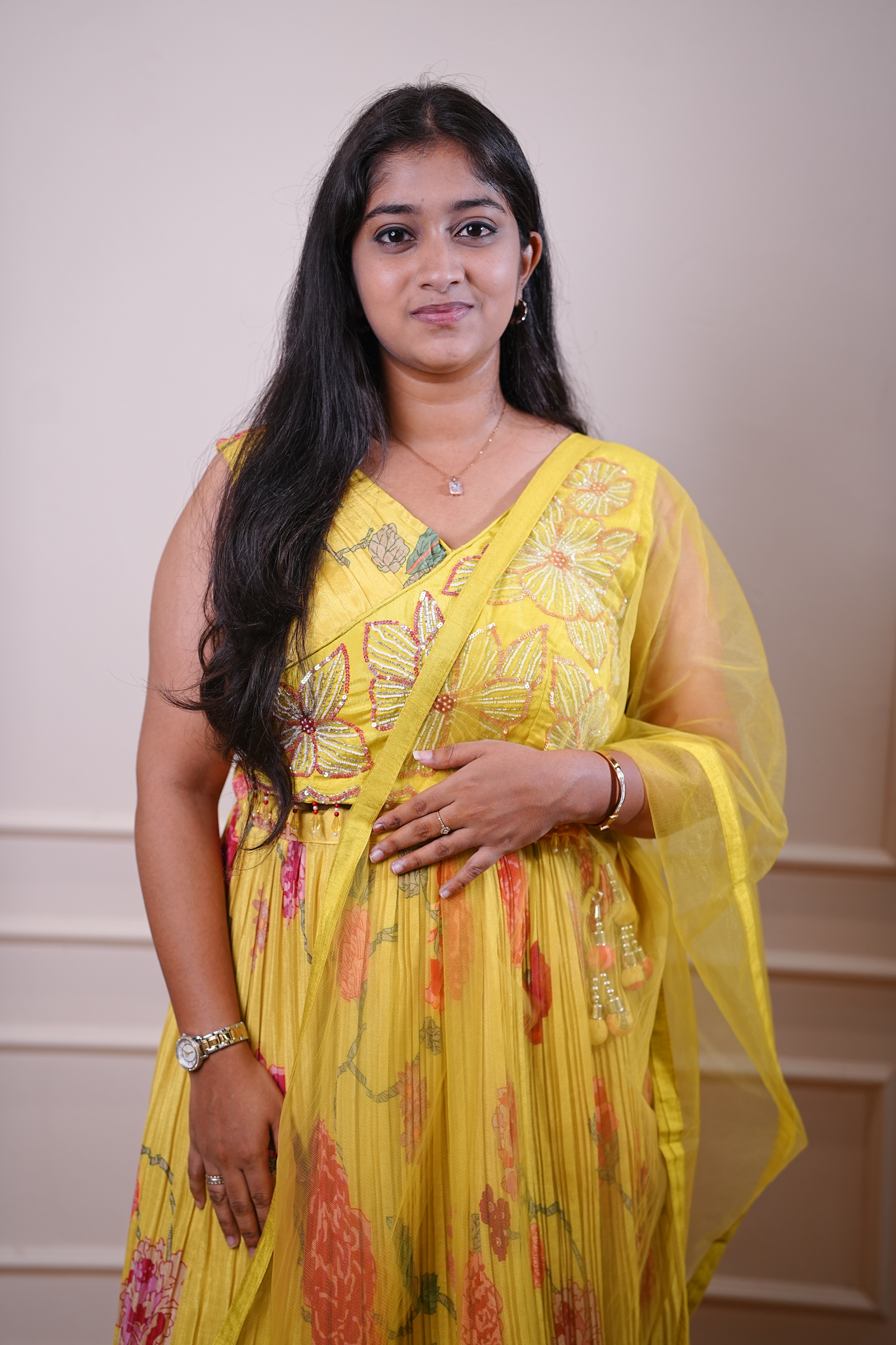 Sunflower Yellow Floral Embroidered Festive Set with Dupatta - Image 2
