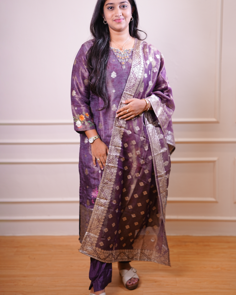 Plum Purple Printed Kurta Set with Dupatta