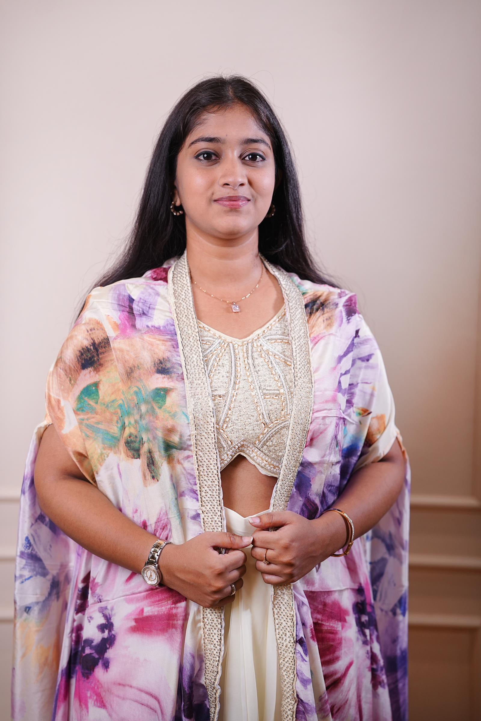 Ivory Embellished Crop Top with Floral Printed Cape & Flared Skirt Set - Image 2