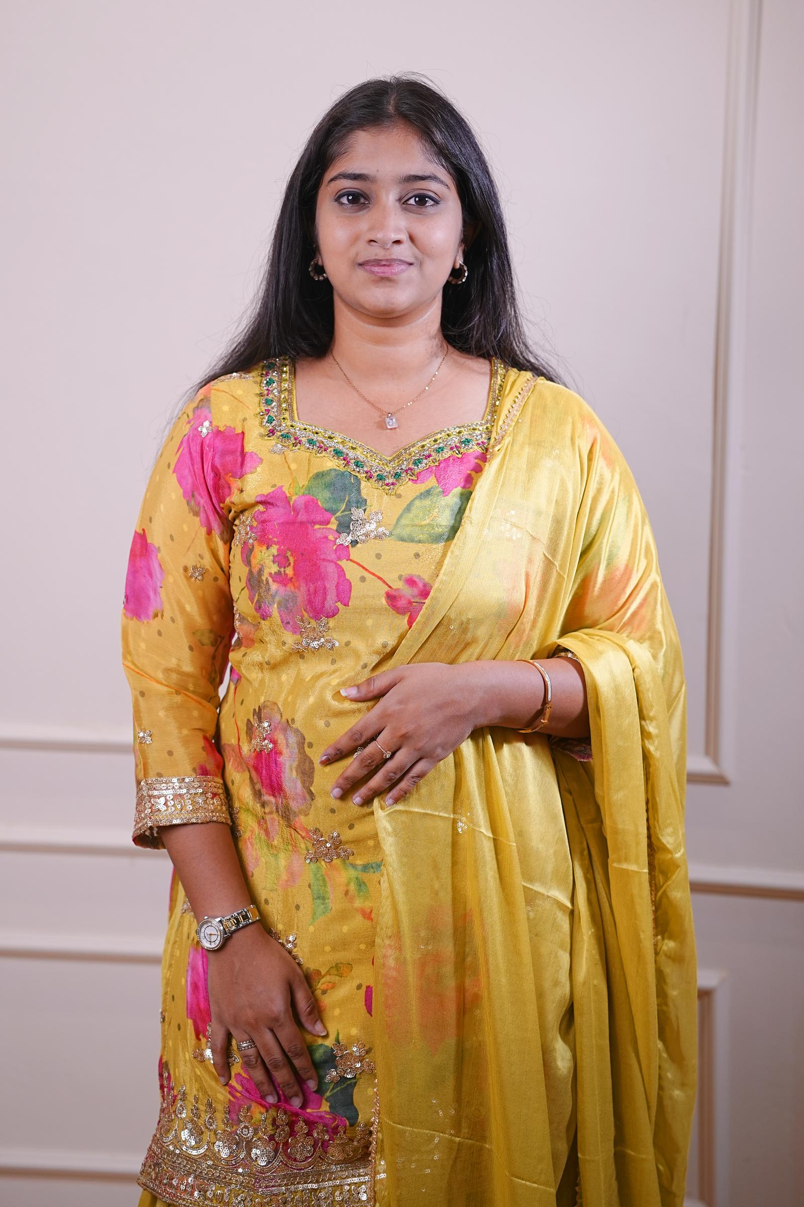 Mustard Floral Embroidered Kurta Set with Dupatta - Image 2
