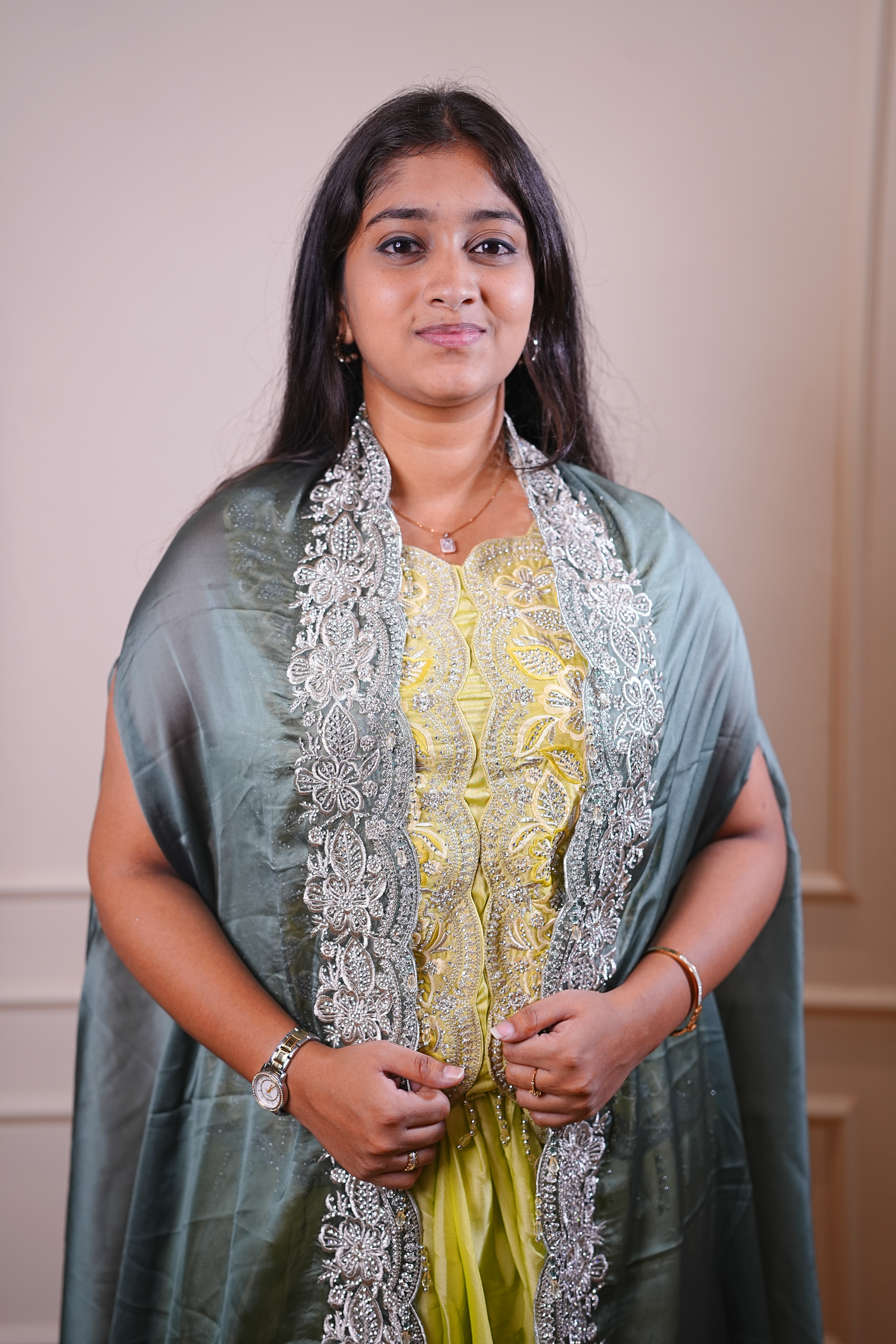Lime Green Embroidered Kurta Set with Grey Cape Overlay - Image 2