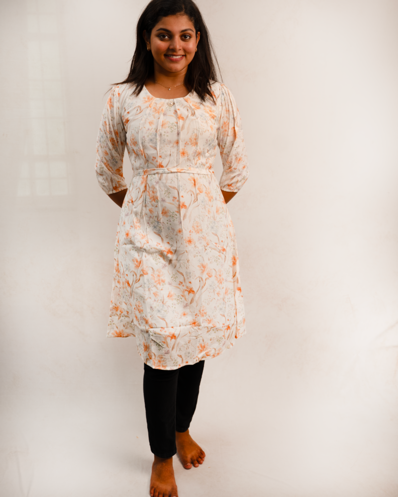 Ivory Floral Print Gathered Knee-Length Dress