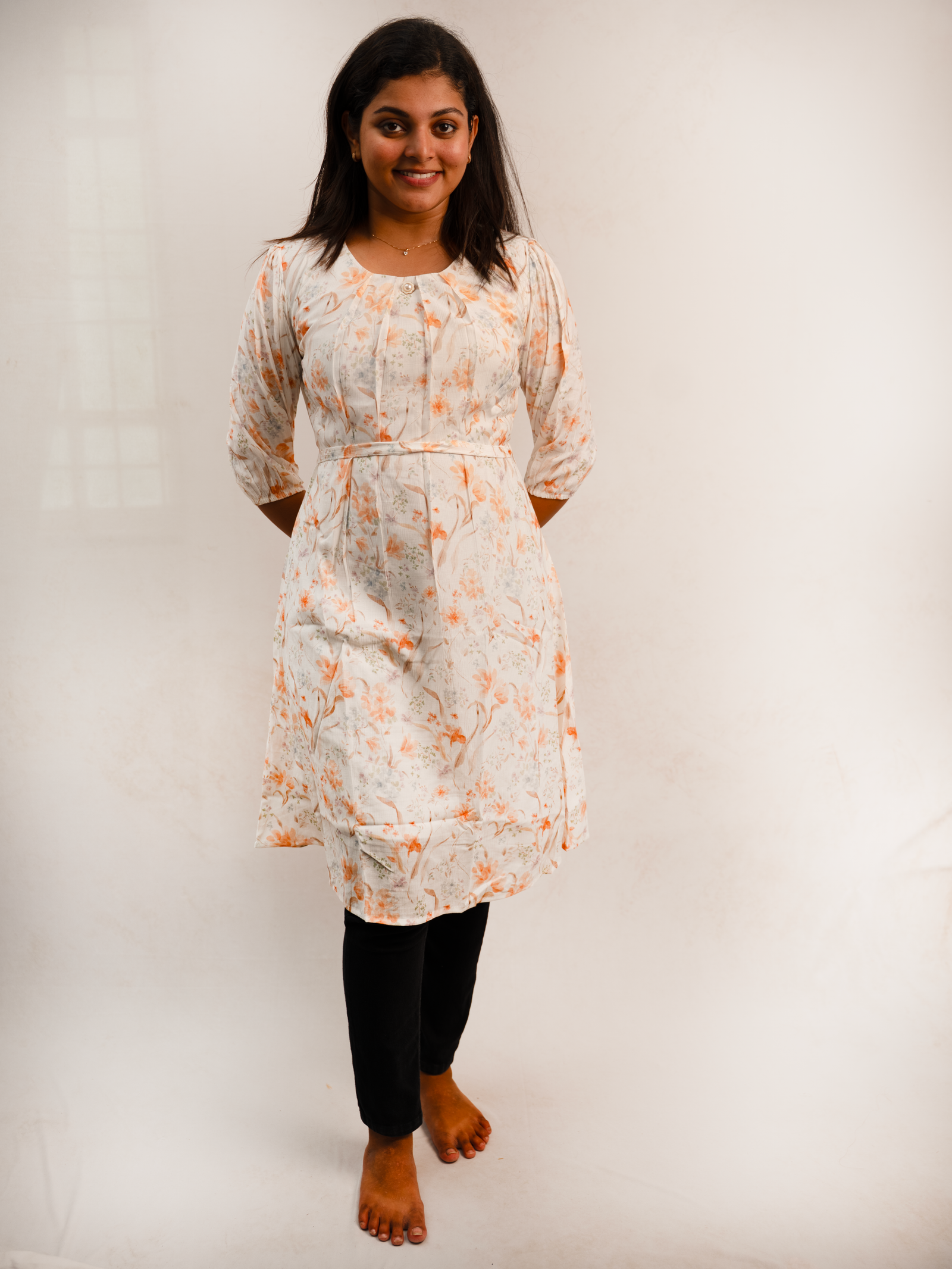 Ivory Floral Print Gathered Knee-Length Dress