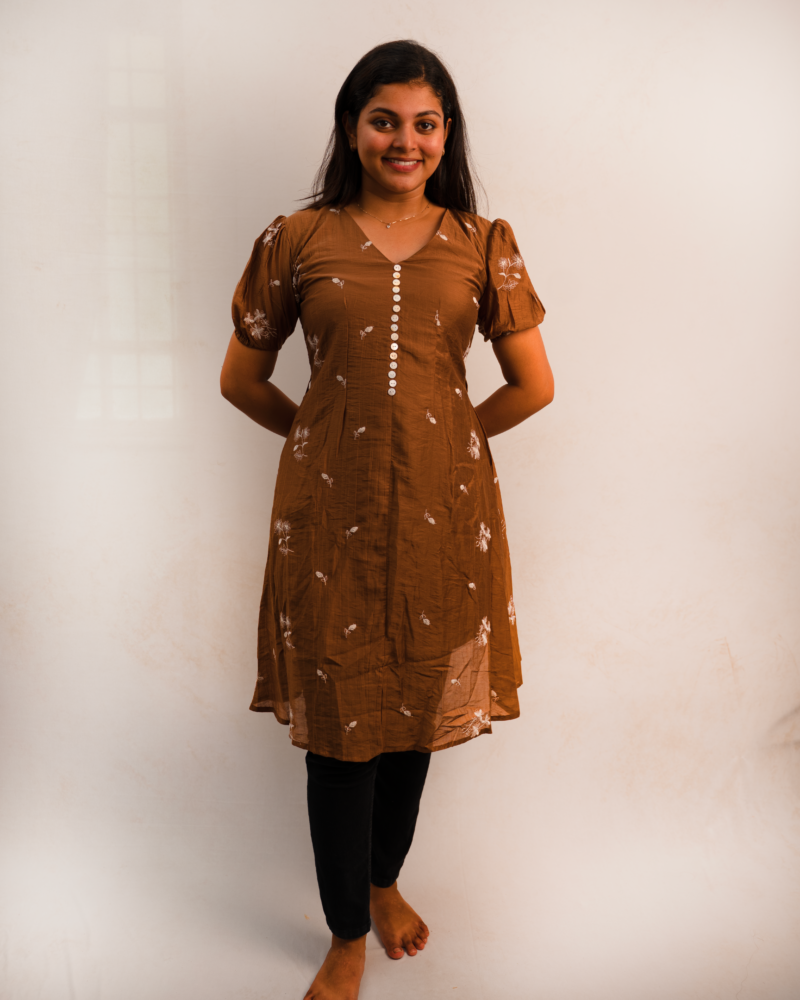 Rust Brown Embroidered Short Sleeve A-Line Dress