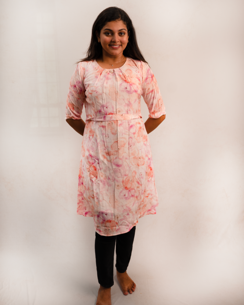 Blush Pink Tie-Dye Print Gathered Knee-Length Dress