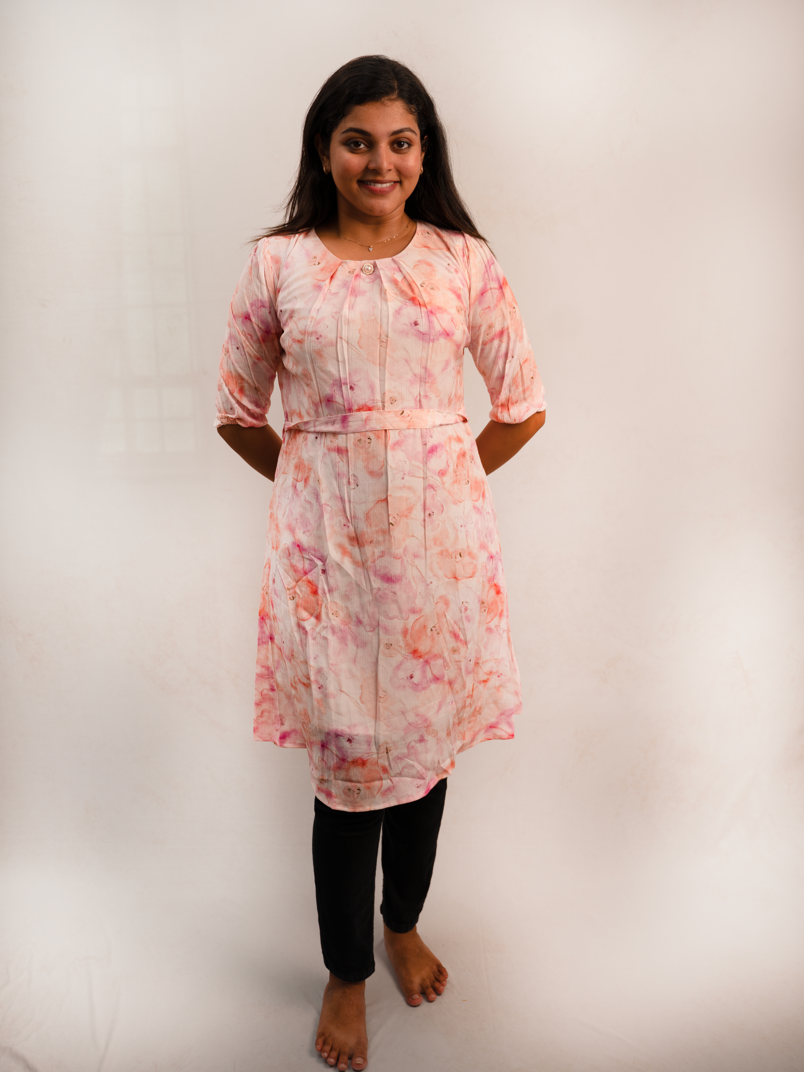 Blush Pink Tie-Dye Print Gathered Knee-Length Dress