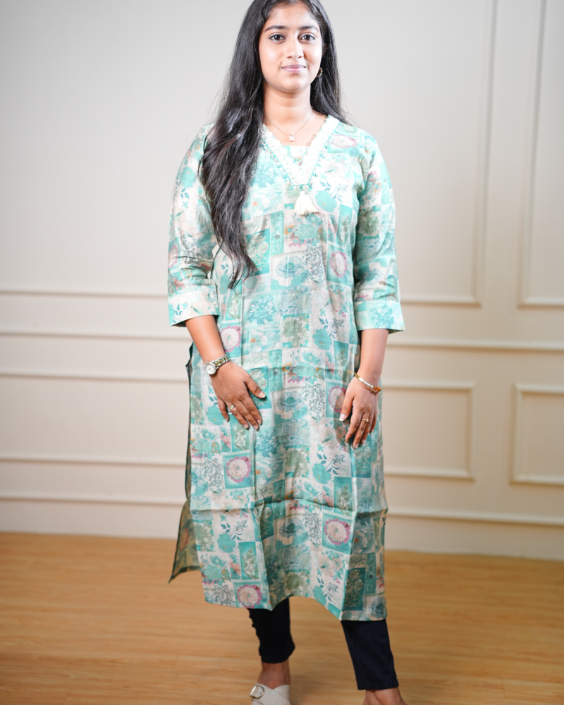 Printed Straight Kurta – Sea Green Patchwork Design