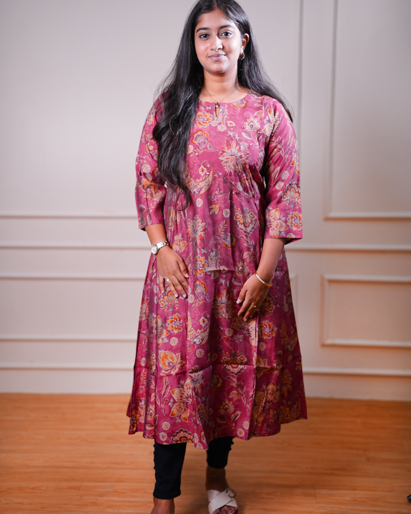 Floral Printed A-Line Kurta – Maroon