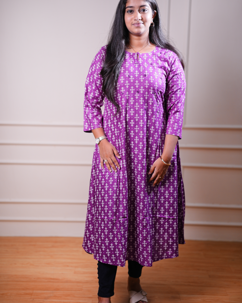Printed A-Line Kurta – Purple Geometric Motif