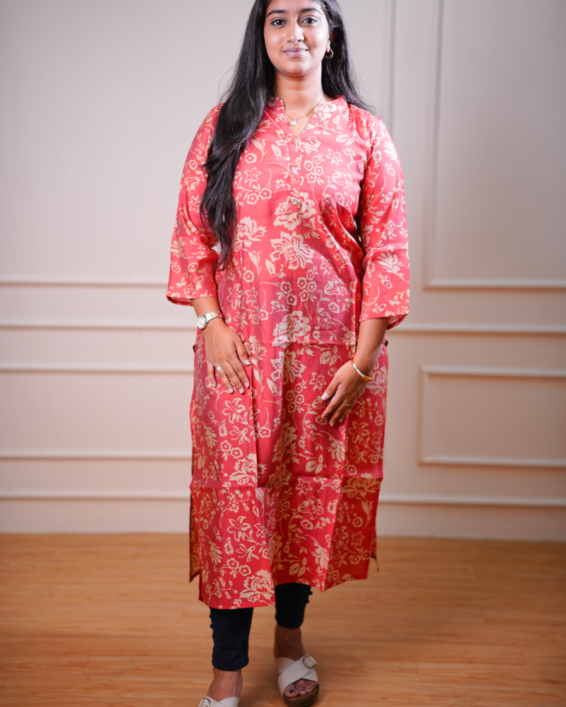 Floral Printed Straight Kurta – Coral Red