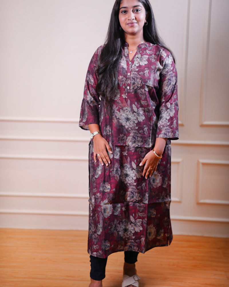 Floral Printed Straight Kurta – Wine Maroon