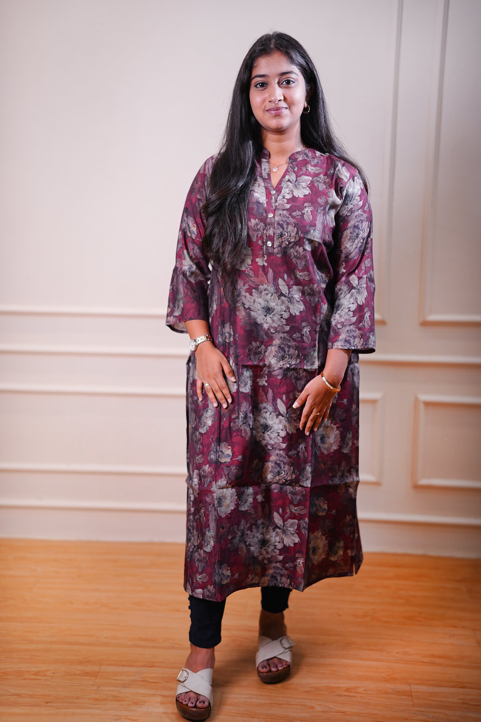 Floral Printed Straight Kurta – Wine Maroon