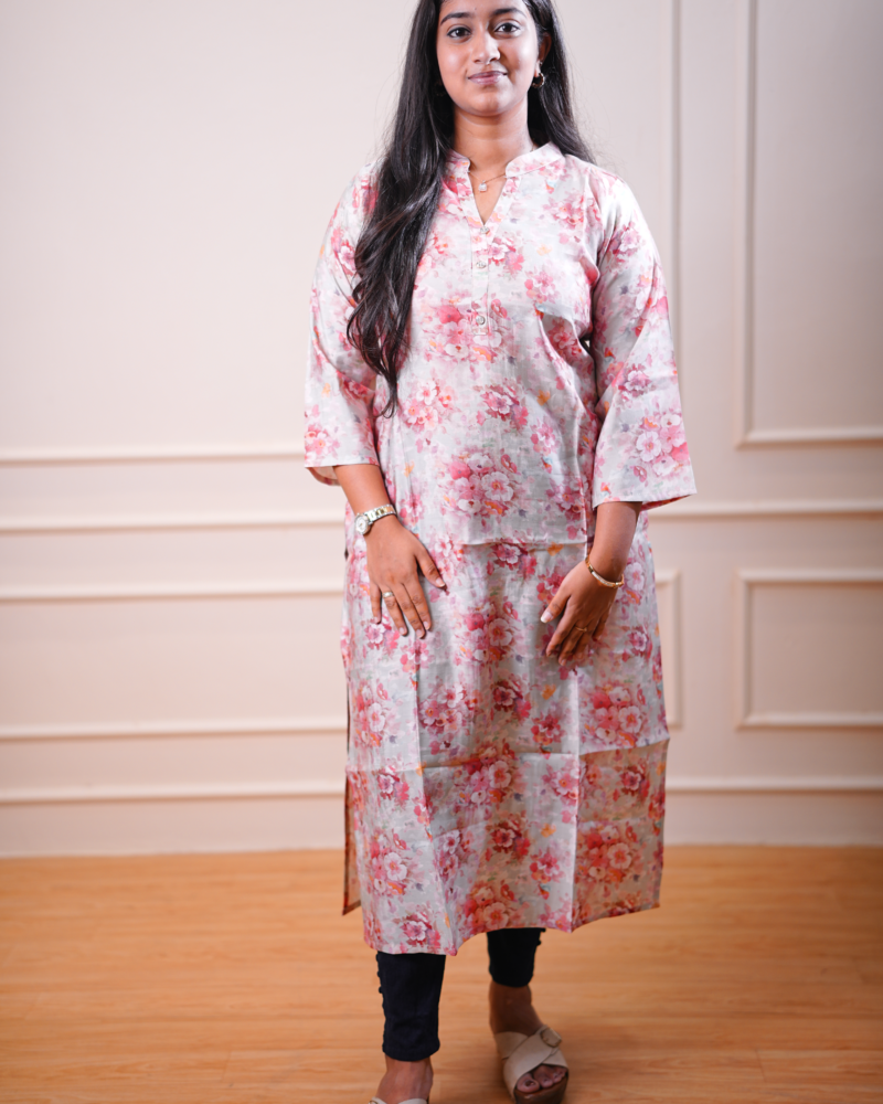 Floral Printed Straight Kurta – Pastel Grey & Pink