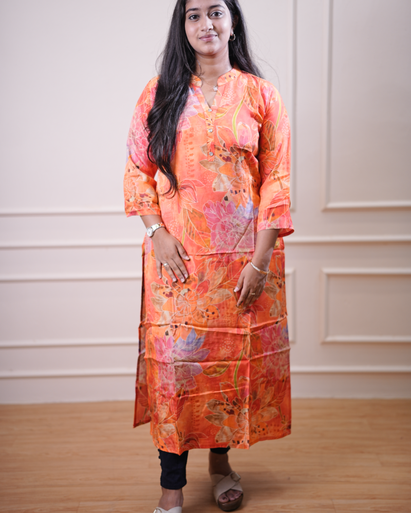 Floral Printed Straight Kurta – Orange & Coral