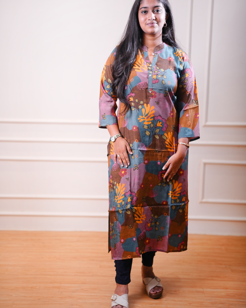 Printed Straight Kurta – Multicolor Botanical Design