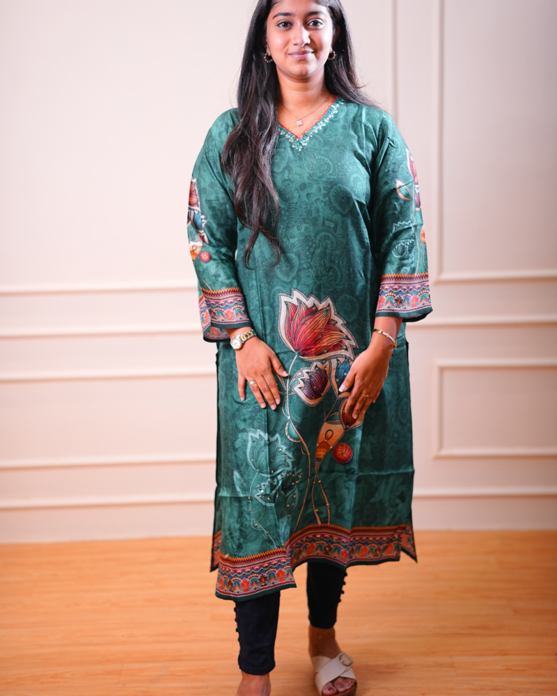 Printed Straight Kurta – Deep Green Floral Panel Design