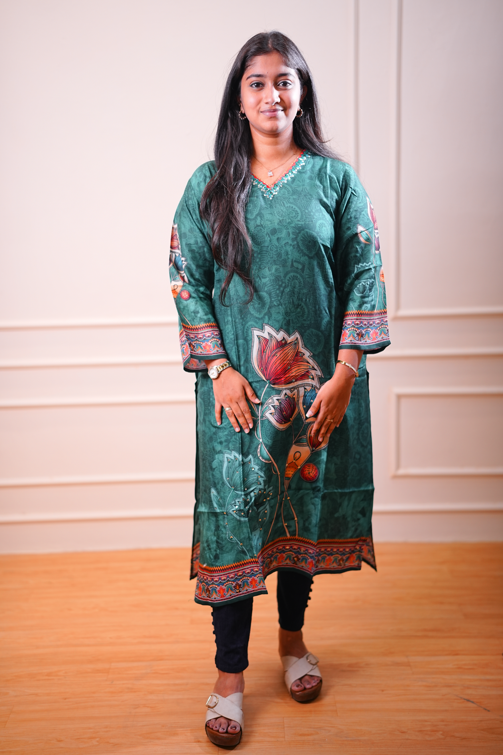 Printed Straight Kurta – Deep Green Floral Panel Design
