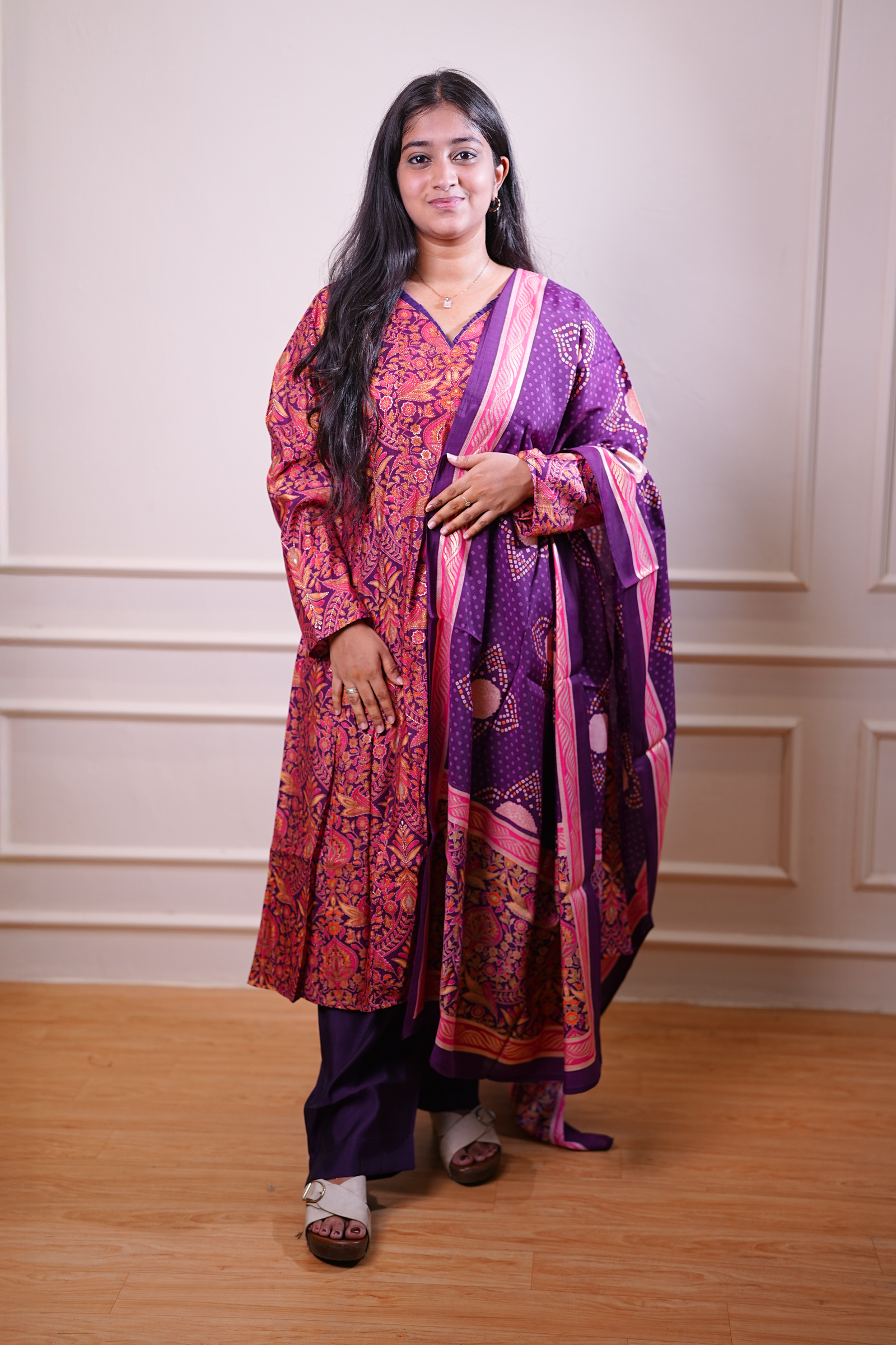 Printed Kurta Set with Dupatta – Purple & Pink