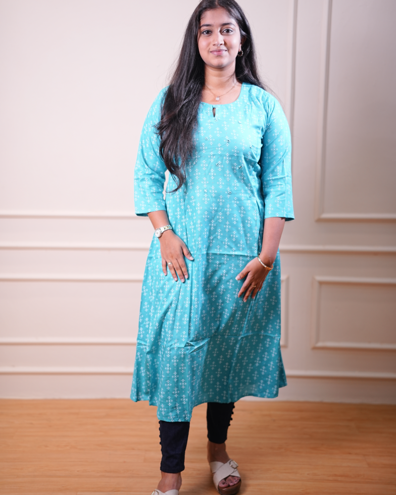 Teal Motif Printed Straight Kurta