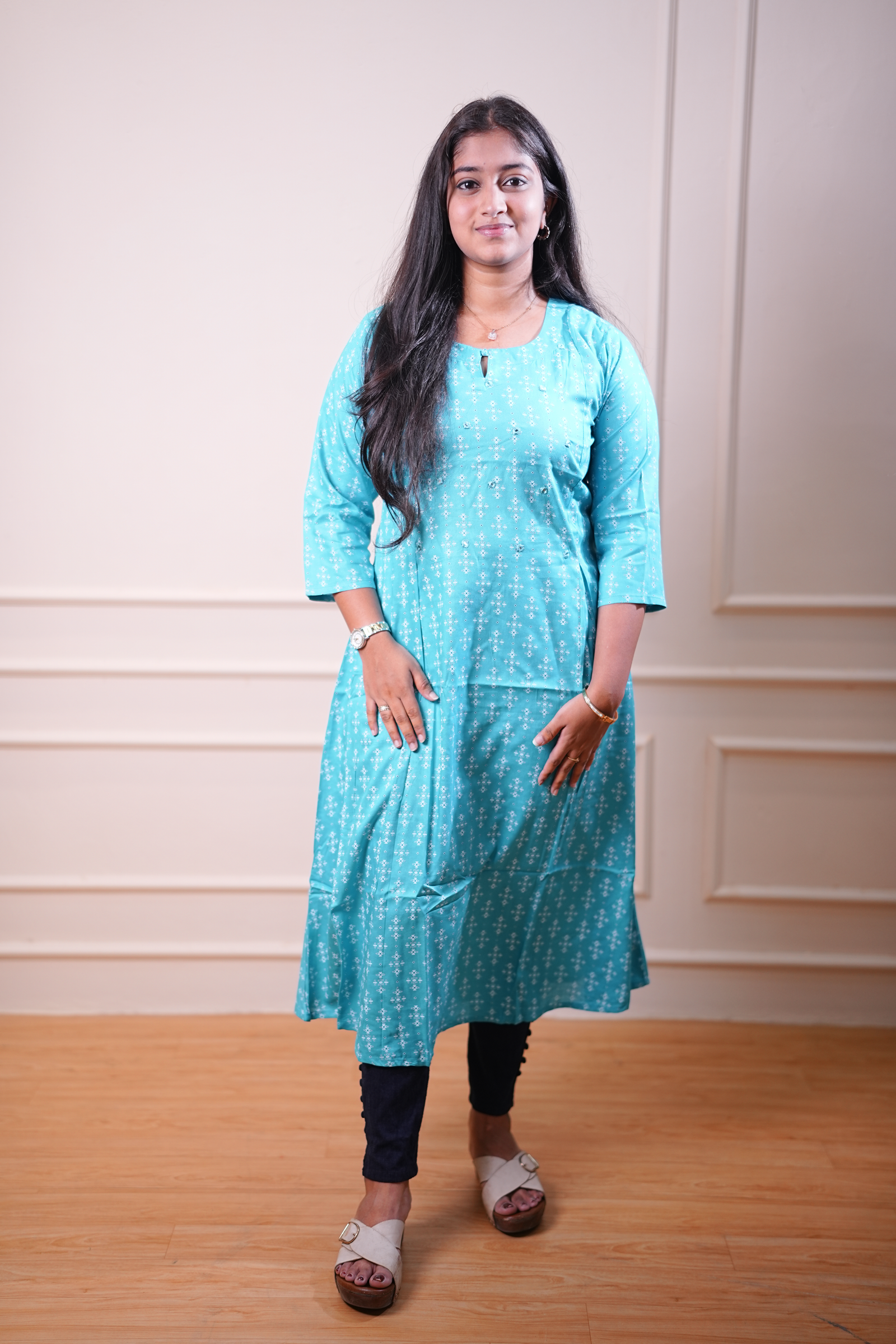 Teal Motif Printed Straight Kurta