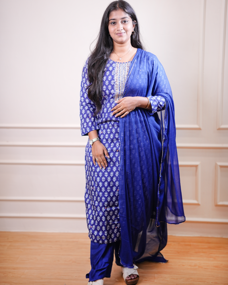 Indigo Motif Printed Kurta Set with Dupatta