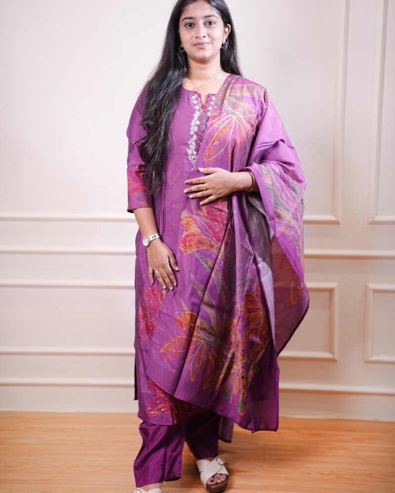 Plum Floral Printed Kurta Set with Dupatta