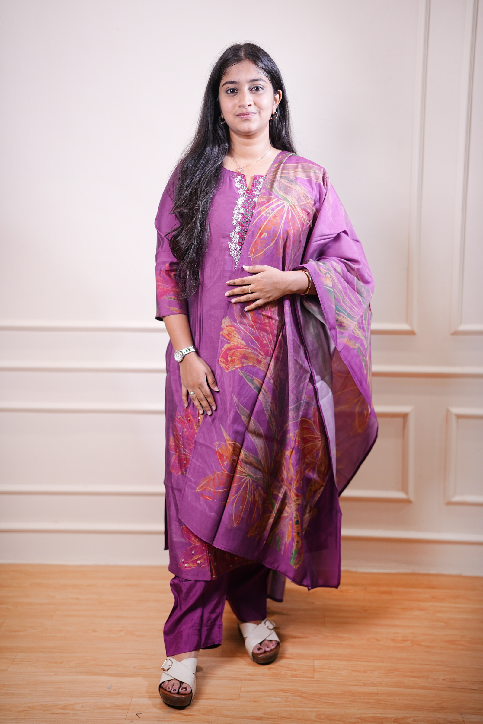Plum Floral Printed Kurta Set with Dupatta