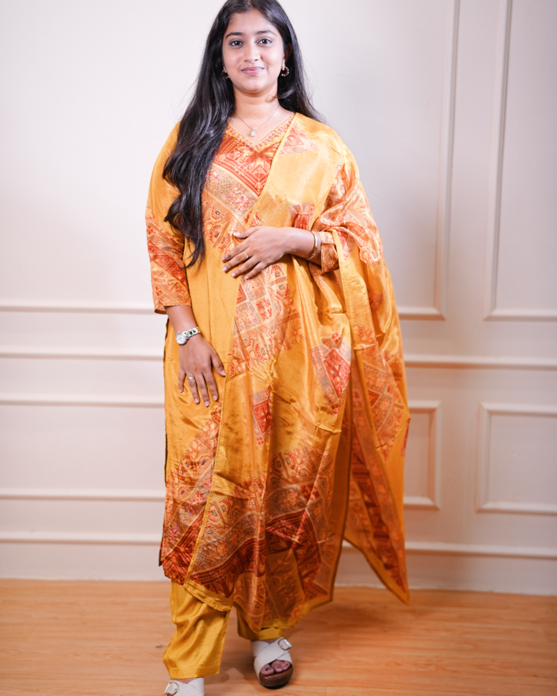 Golden Ochre Heritage Printed Kurta Set with Dupatta