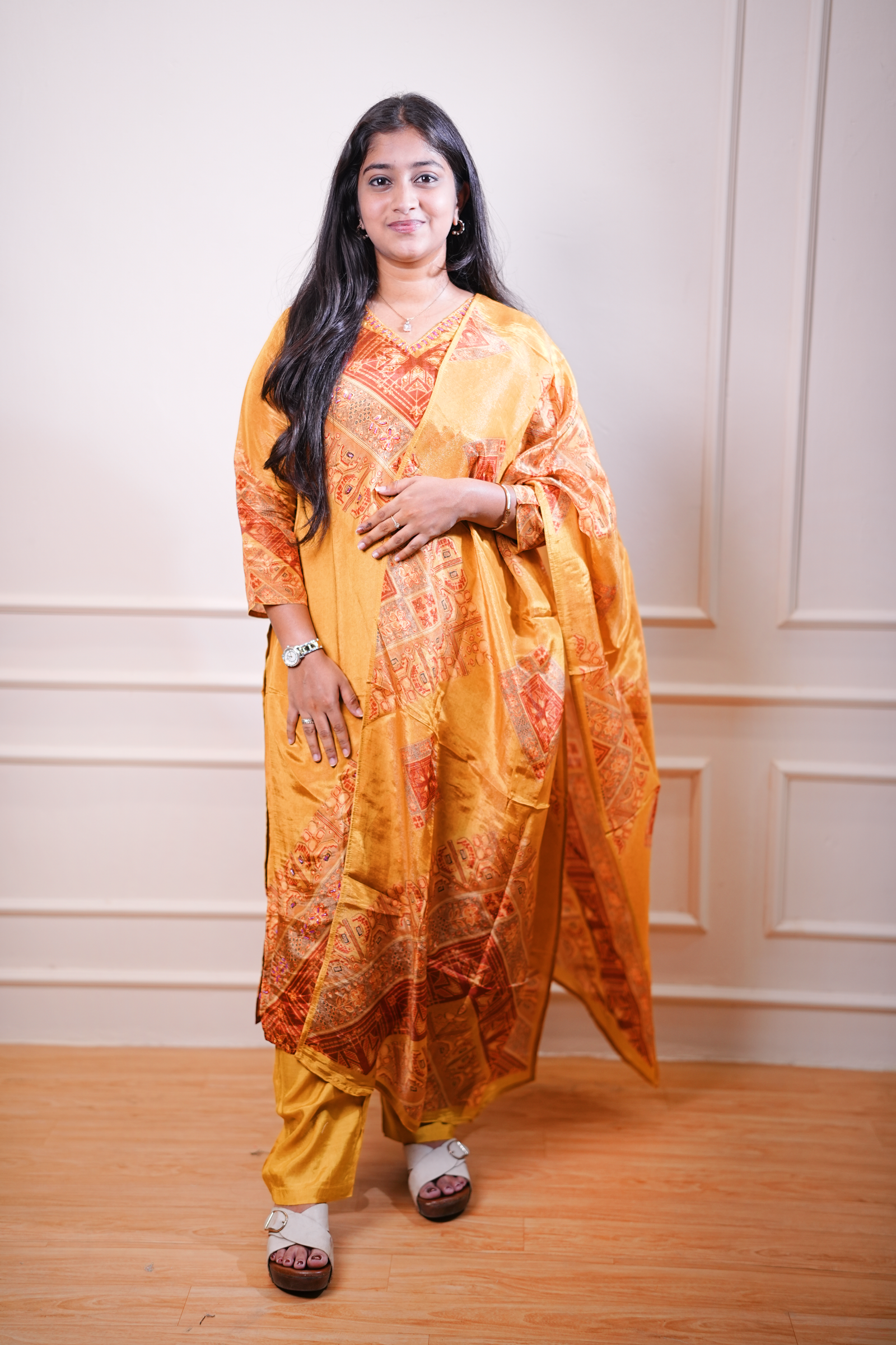 Golden Ochre Heritage Printed Kurta Set with Dupatta