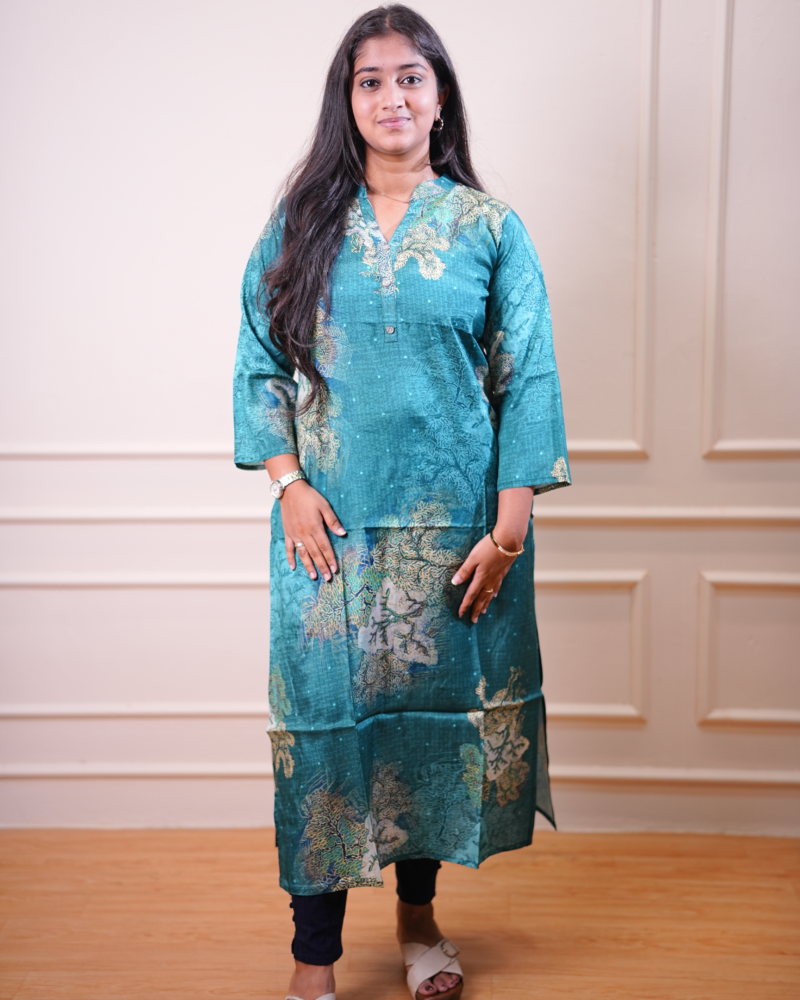 Teal Botanical Printed Straight Kurta