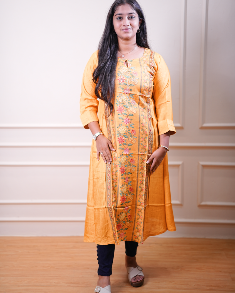 Mustard Floral Panel Printed Straight Kurta