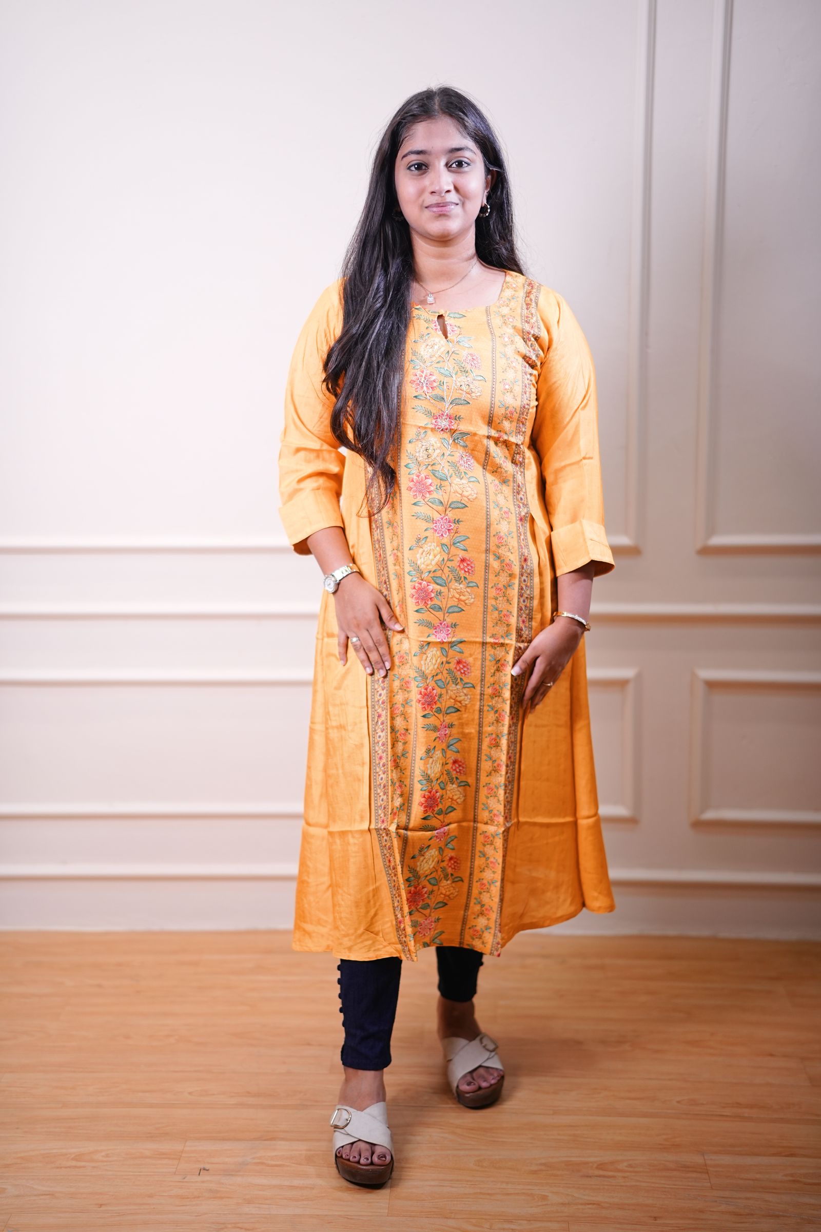 Mustard Floral Panel Printed Straight Kurta