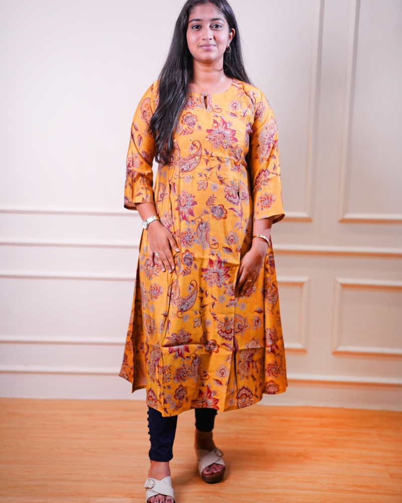 Mustard Paisley Floral Printed A‑Line Kurta