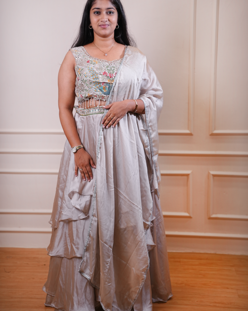 Silver Grey Embroidered Lehenga Set with Dupatta